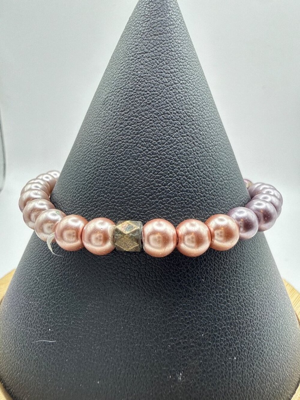 Faux Rose Gold Lavender Pearl Beaded Bracelet Antique Bronze Cube Focal
